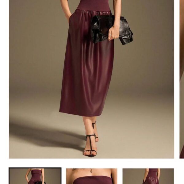 Vestido midi strapless en tono vino