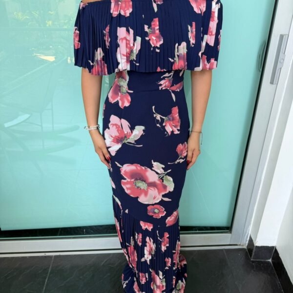 Vestido Largo Plisado Off-Shoulders Azulu